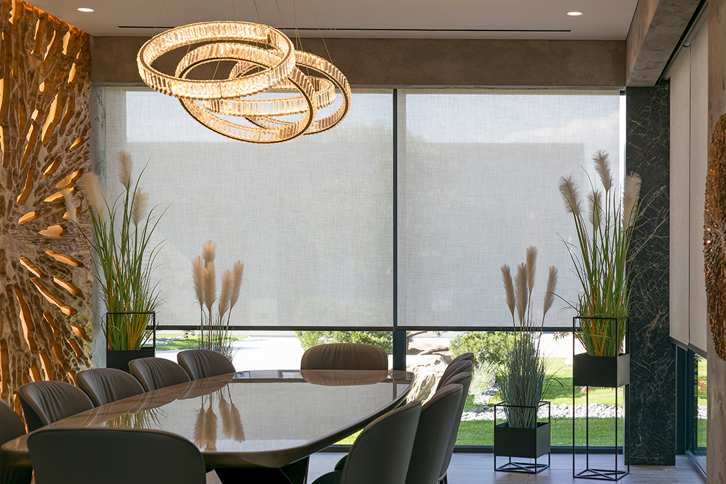 Dining room with overhead overlapping ring lamps