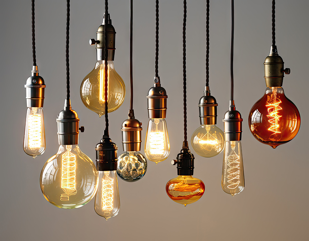 Various "edison" style lightbulbs illuminated next to each other.